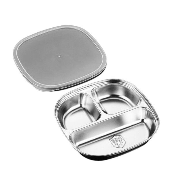Stainless Steel 3-Compartment Divided Plate with Lid - Silver