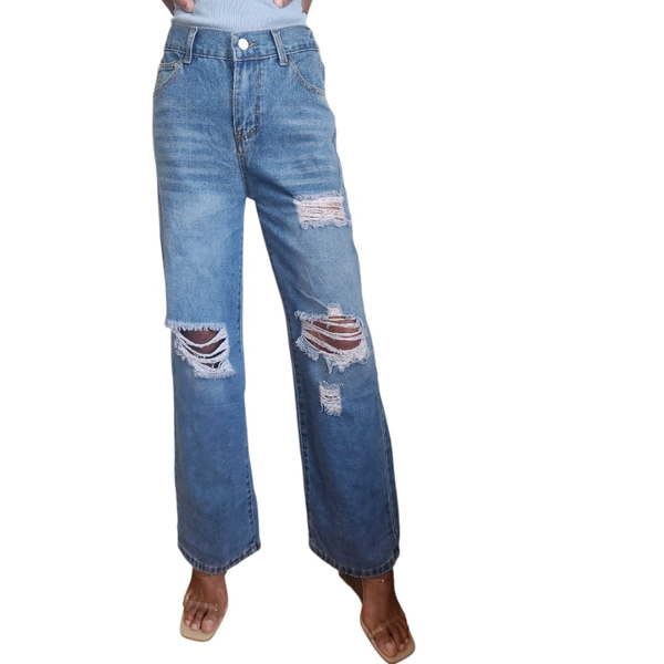 Women's High-Waist Ripped Denim Jeans - Distressed Straight-Leg Blue Jeans