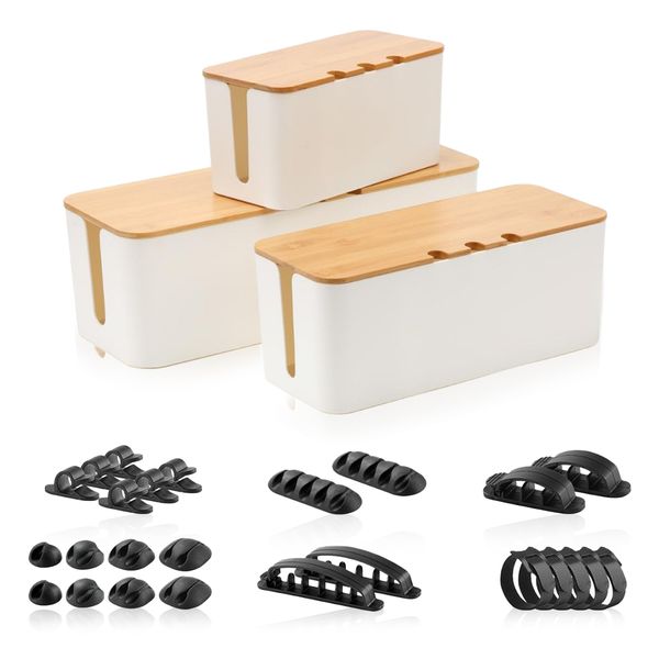 3 Pack Cable Storage Box Set with Bamboo Lid &amp; 25PCS Cable Organized Set