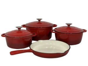 Pot set 7 Piece Cast Iron Grooved Lid Red