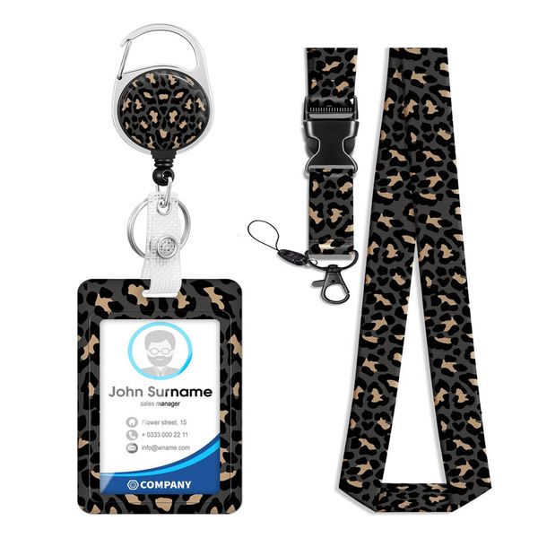 Leopard Print Polyester Lanyard &amp; ID Card Holder Set-Retractable Reel