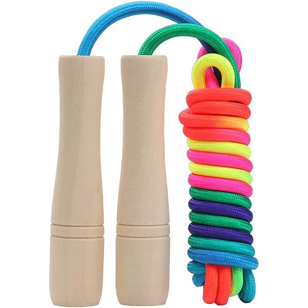 Kids Rainbow Cotton Jump Rope, 8.5ft Adjustable with Wooden Handle
