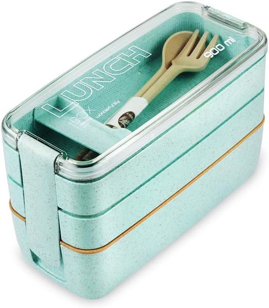 3-In-1 Bento Box Stackable Lunch Wheat Straw Container for Adults