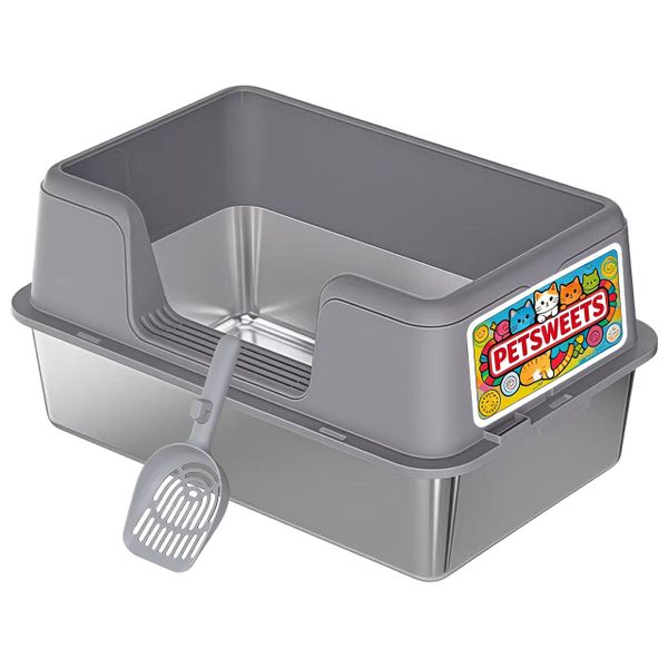 Large Stainless Steel Cat Litter Tray with Scoop - Grey