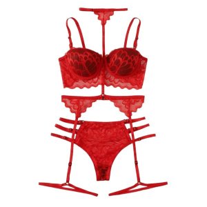 Sinful Indulgence 3 Piece Scallop Lace Push-Up Garter Lingerie Set - Red