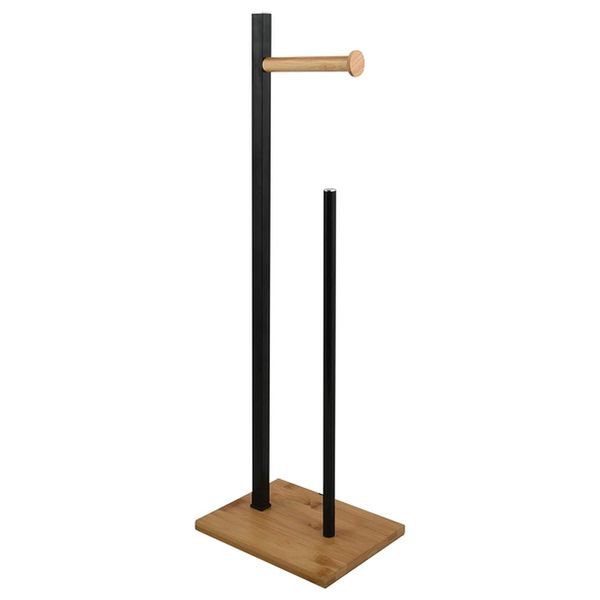 Free Standing Modern Toilet Roll Holder on Stand Steel &amp; Bamboo Matt Black