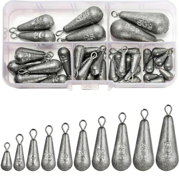 Sumvov 40pcs Teardrop Fishing Sinkers, 3.5-50g Lead Weights with Fixed Loop