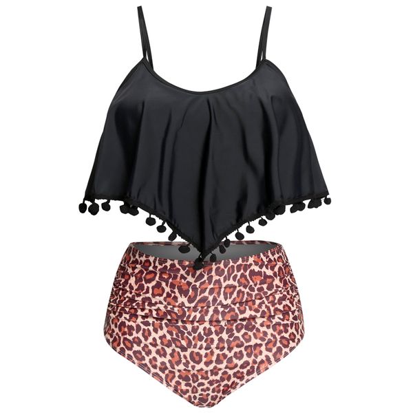 Olive Tree - Ladies Ruffled Pom Pom High Waist Swimsuit - Black