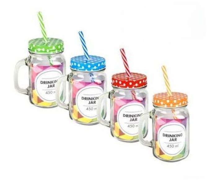 Bulk Pack x 4 Drinking Jar Glass &amp; Straw 450ml