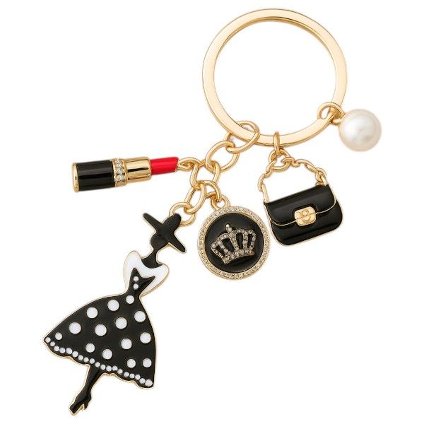 Stainless Steel Keyring with Elegant Dress &amp; Fashion Charms - Black &amp; Gold