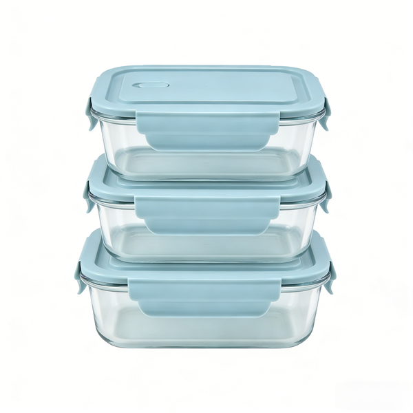 Heat-Resistant Glass Food Containers, 640ml, Set of 3, Blue