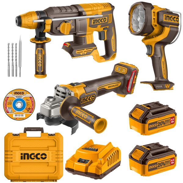 Ingco - Cordless Combo Kit with Rotary Hammer, Angle Grinder &amp; Lamp 20V