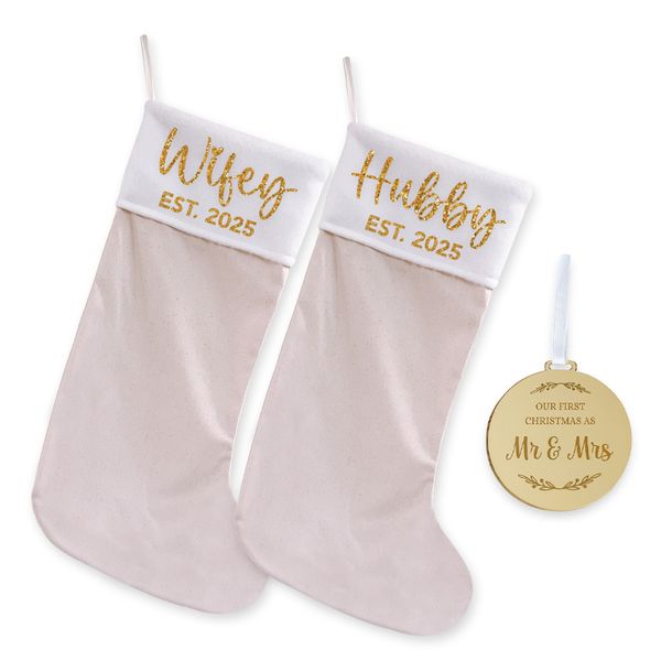 Hubby &amp; Wifey Dated Matching Christmas Stockings &amp; Acrylic Mr&amp;Mrs Ornament