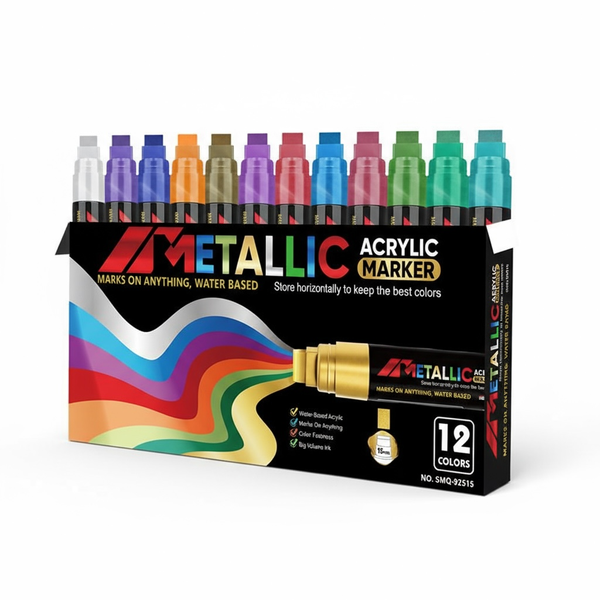 12 Colors Jumbo Acrylic Paint Marker Set - 15mm Felt Tip, 3-in-1 Nib