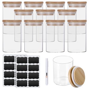 MIkaco 12-Pack Bamboo Lid Glass Storage Jars - with Labels &amp; Marker