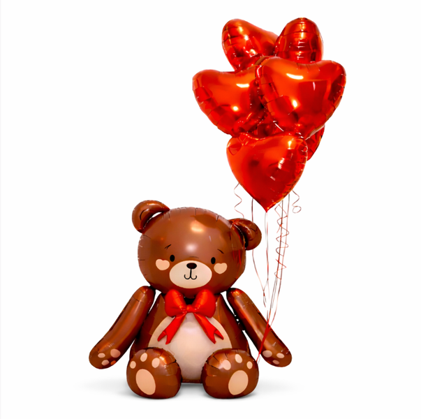 Brown Teddy Bear Balloon with 5 Red Heart Balloons - Valentine's Day Decor