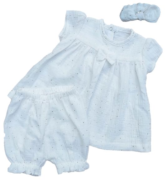 Cotton Muslin Baby Girls Dress Set with Bow Detail