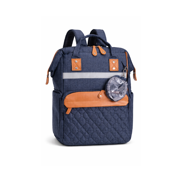 MommyBaby Diaper Bag for Outdoor Travel NavyBlue with Brown Leather Accents