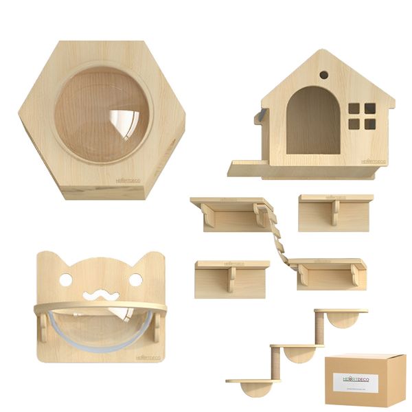 Heartdeco 7pcs Modern Wall-Mounted Cat Wall Shelves
