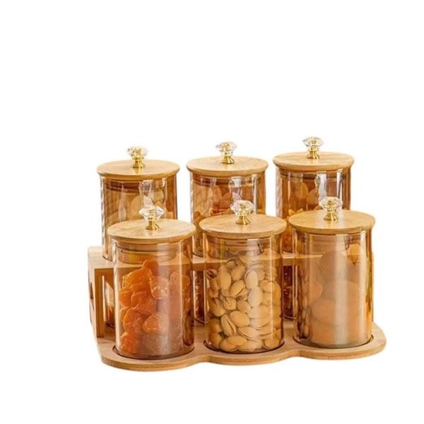 Diamond Glass Storage Airtight Container Jar Set With Wooden Stand-6 Piece