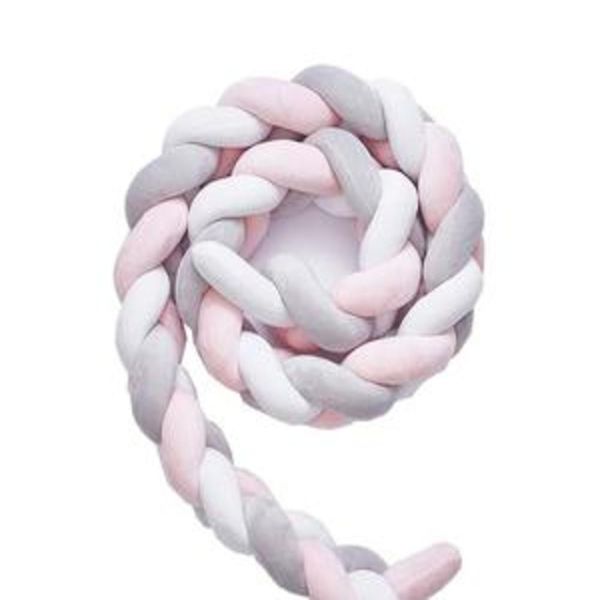 Cot Bed Braided Bumper - Pink, Grey, White