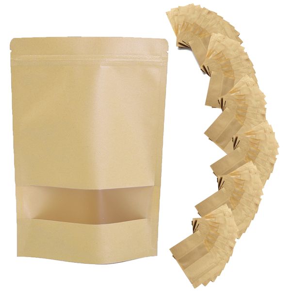 Kraft Paper Pouches with Window Heat Sealable Stand Up Resealable - 100 Pieces