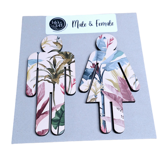 Male &amp; Female Bathroom Wall Art - Pink, Green &amp; Blue Leaves on Light Pink