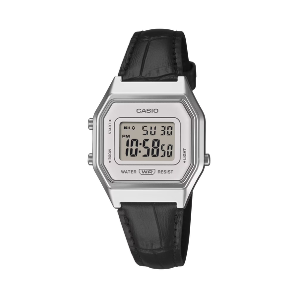 Casio Retro LA680WEL-1DF -Genuine Black Leather-Chrome Digital Watch-Grey