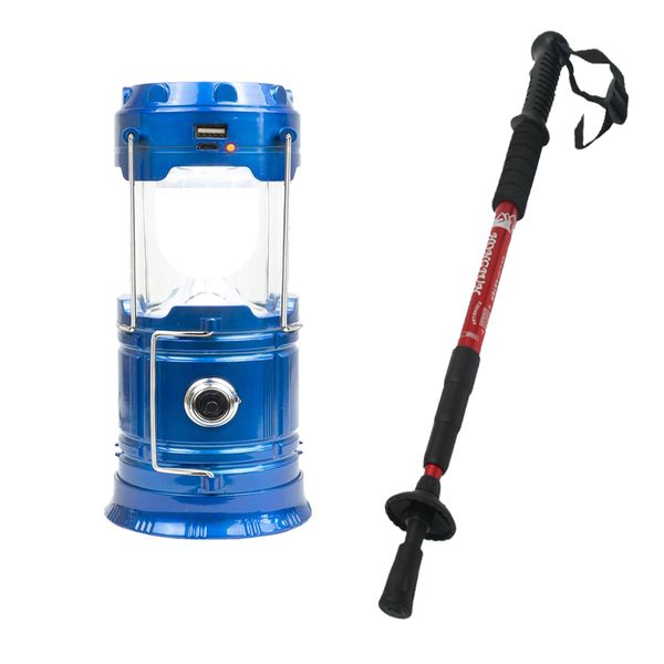 Aluminium Collapsible Trekking Pole - Red &amp; Solar Camping Lantern Combo