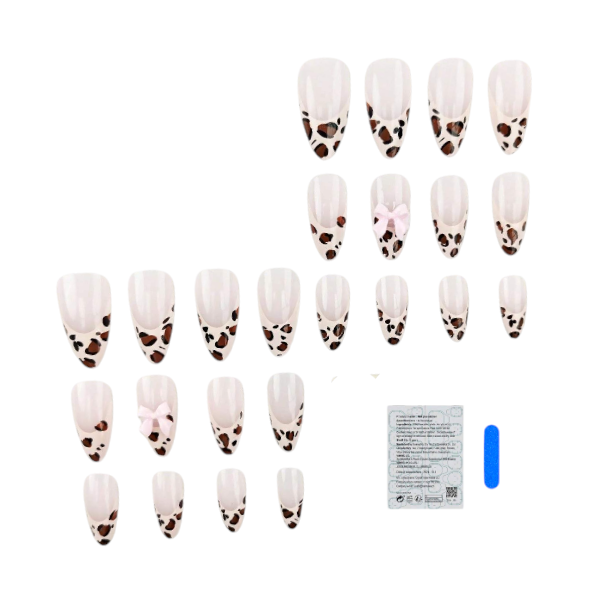 24 Pieces French Leopard Print Press-On Nail Set With 3D Bow Accent - Brown