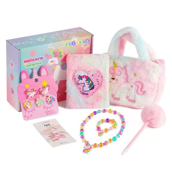 PEISKOS Unicorn Gifts Set for Girls with Bag Diary Necklace Hair Clip Pen
