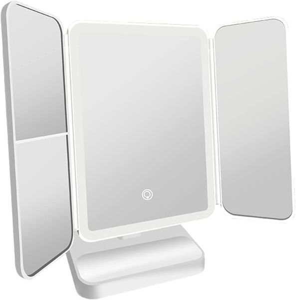 Tri-fold LED Makeup Mirror with 1X/2X/3X Magnification, White