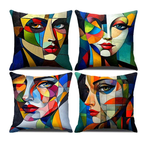Abstract Art Face Pillow Covers - Colorful Geometric Design - Set of 4