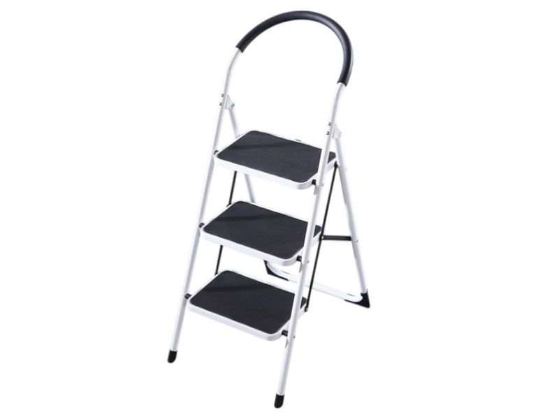 3-Step Folding Steel Ladder with Handrail &amp; Anti-Slip Mats 118cm