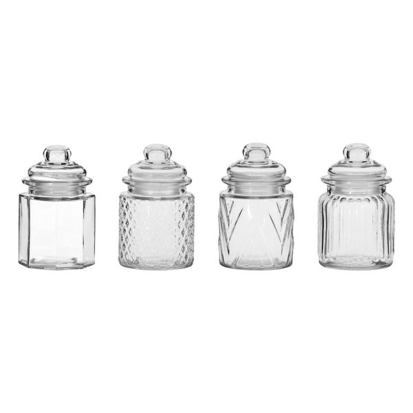 Regent Mini Glass Canisters Assorted Designs, 4 Piece Set 300ml (13x7.5cm)