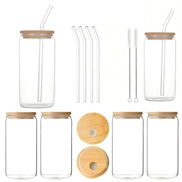 Cocktail Drinking Glasses with Bamboo Lid and Glass Straw - Set of 4 - 500ml