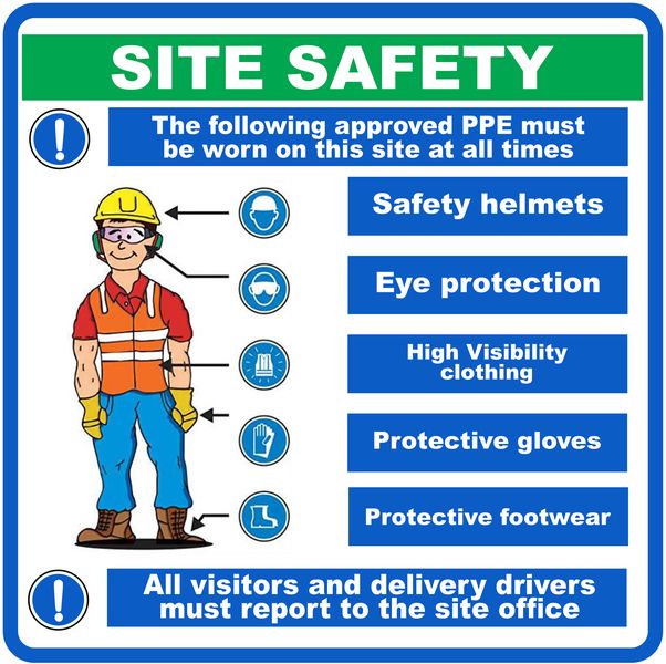 Site Safety The Following Approved PPE Must Be Worn - 44x44cm Sign - 2 Pack