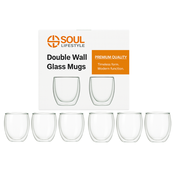 Soul Lifestyle Double-Wall Thermal Borosilicate Glass Mugs 250ml - Set of 6