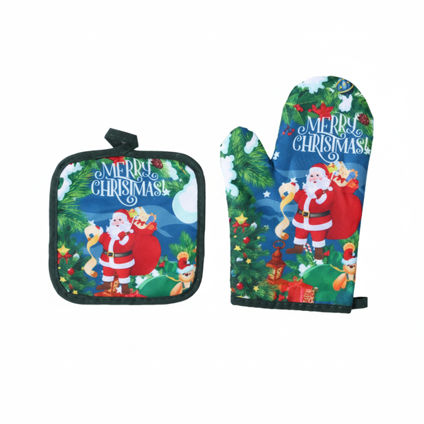 Merry Christmas Oven Mitt &amp; Pot Holder Set - Blue &amp; Green - 2 Piece