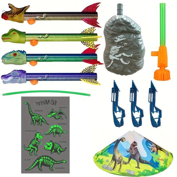 Dinosaur Air Powered Rocket Launcher Set With Glow In The Dark Tattoo Sheet