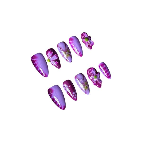 10 Piece - Purple Dream Floral Almond French Press-On Nails - Multicolor