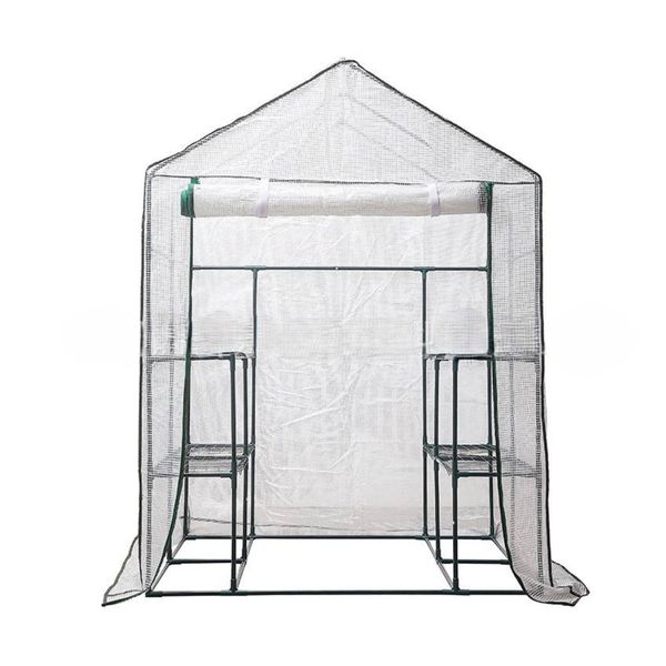 143cm Portable PVC Green Planter house with 8 Shelves &amp; Rollup Door - White