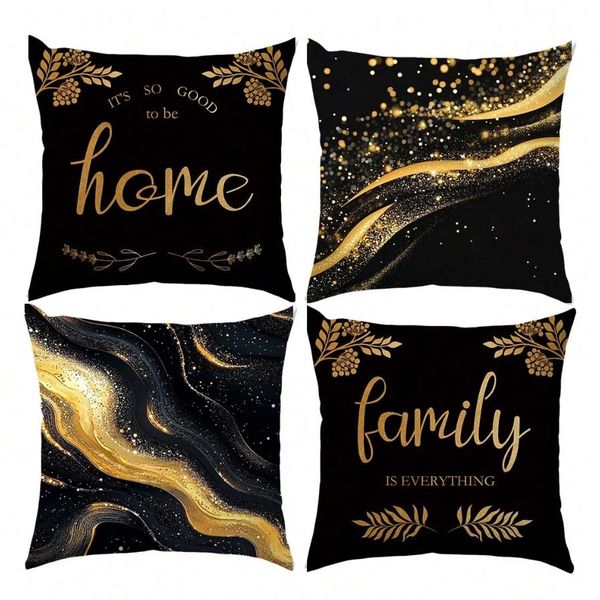 Marble Decorative Pillow Cover Set - Black and Gold - 4-Piece
