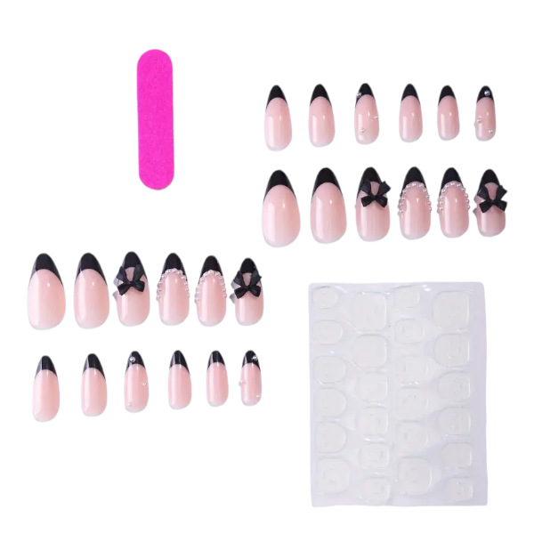 24 Pieces Almond Press-On Nail Set With 3D Bow and Pearl Accents - Black