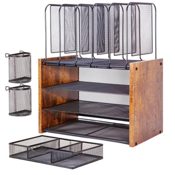 4Tier File Organizer Wood Desk Letter Tray Paper Organizer with Pen Holders