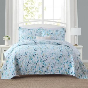 Luxurious Patchwork Bedspread 100% Cotton Quilted Embroidered-Icebluewhite
