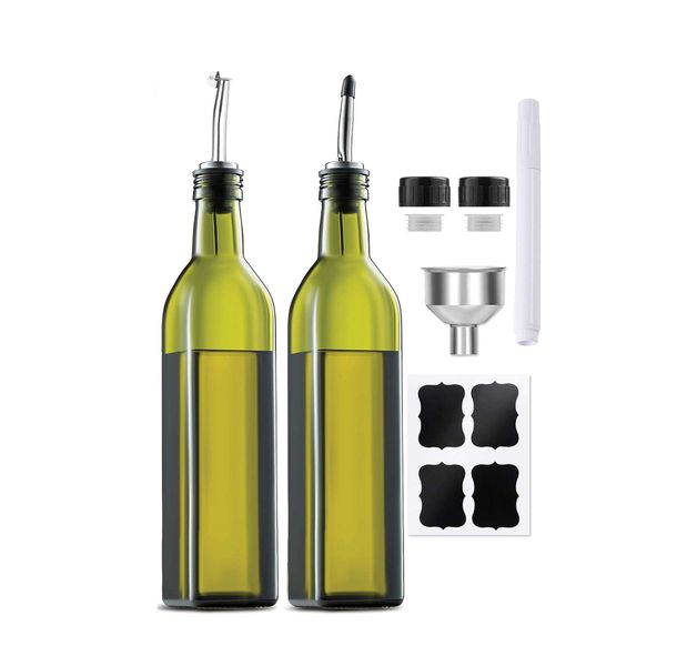 2 Piece 500ML Glass Oil Dispenser Bottle Set with Stainless Steel Pour Spouts