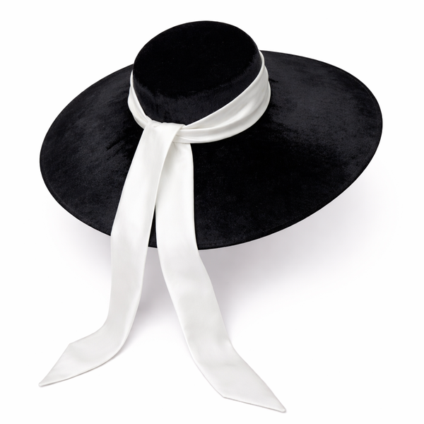 Elegant Black Wide Brim Hat with White Satin Tie Detail-1 x Hat