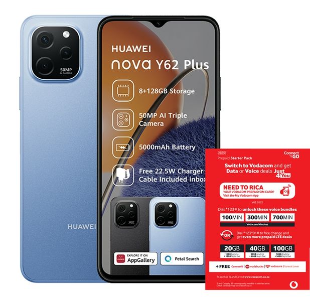 Huawei Nova Y62 Plus 128GB Dual Sim - Sapphire Blue + Vodacom SIM Card Pack