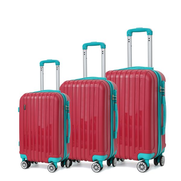 Trolley ABS Hard Luggage Bag Set - 3 Piece - Dark Red/Green
